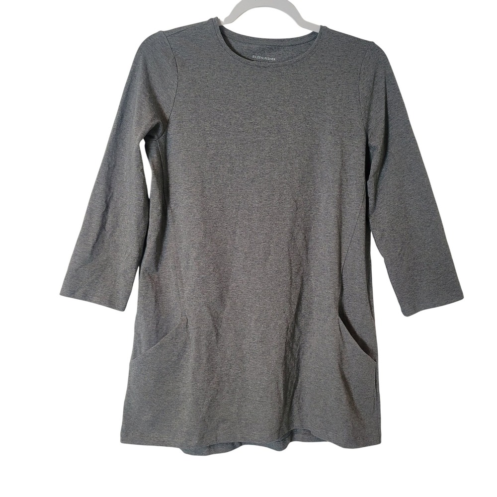 Eileen Fisher Grey Organic Cotton Stretch 3/4 Sleeve Pocket Tunic Womens XXS